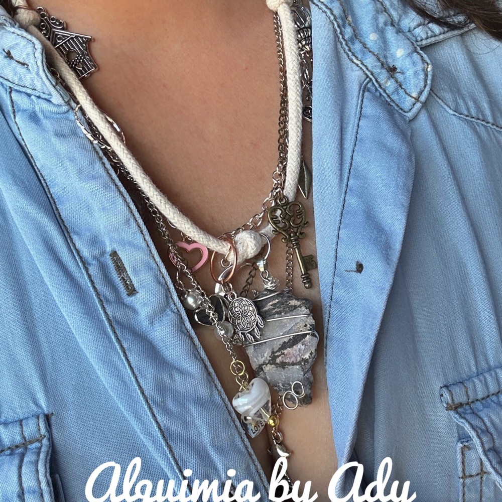 Maximalism chunky ametrine heart rhodonite layered multi charms necklace - Picture 3 of 8
